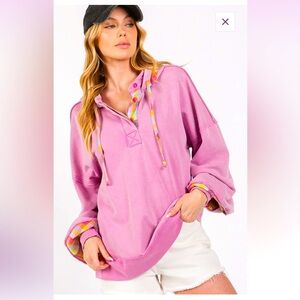 SAGE + FIG Full Size Plaid Print Washed Hoodie L